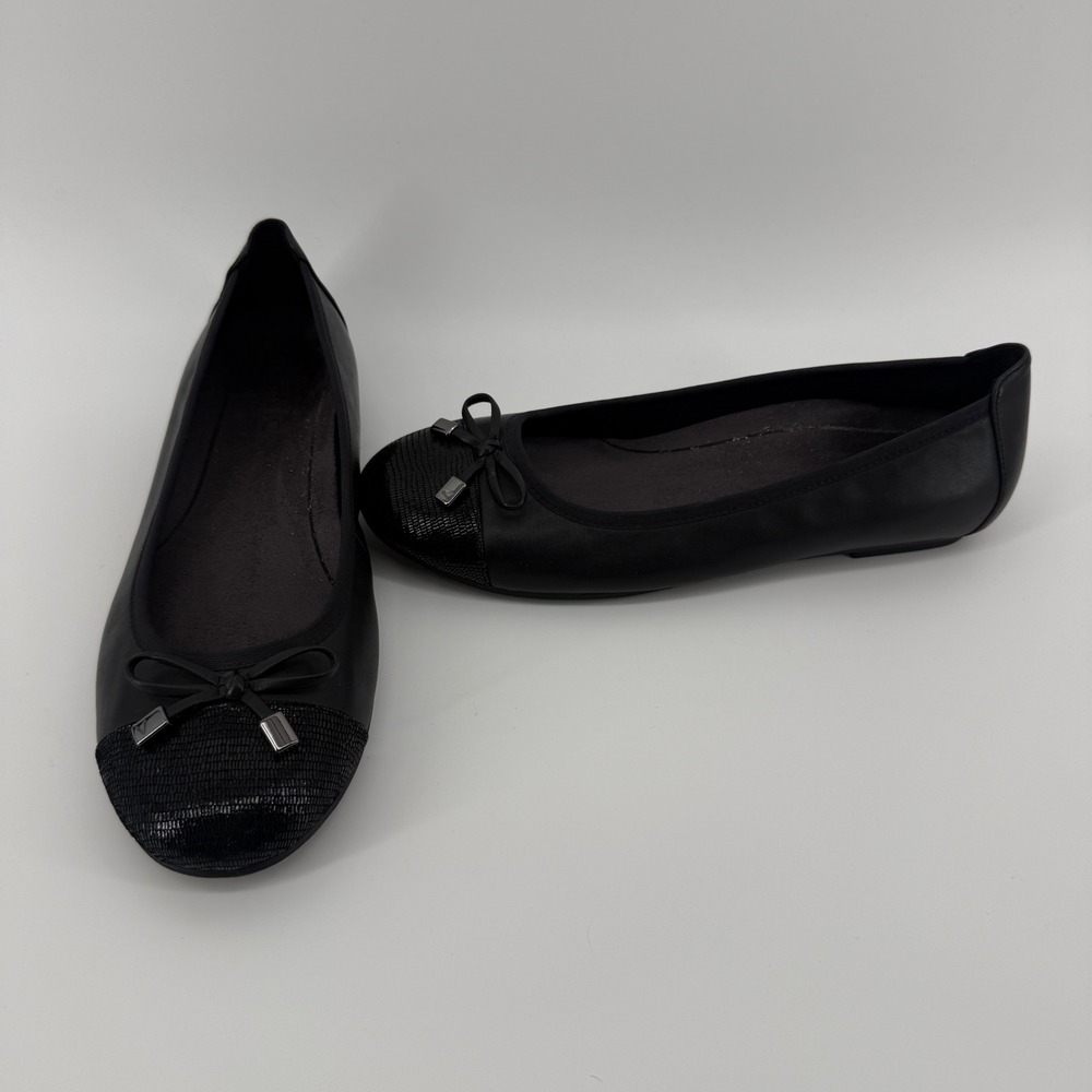 Vionic Minna Black Leather Ballet Flats Orthotic Bow Shoes Women Size 8